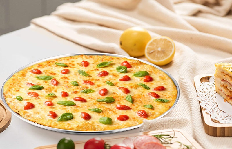 P&P CHEF Pizza Pan Set of 2, Stainless Steel Pizza Tray, Round Pizza Plate For Pie Cookie Pizza Cake, Non Toxic & Heavy Duty, Dishwasher Safe & Easy Clean, 13.5 Inch & Silver - Image 4